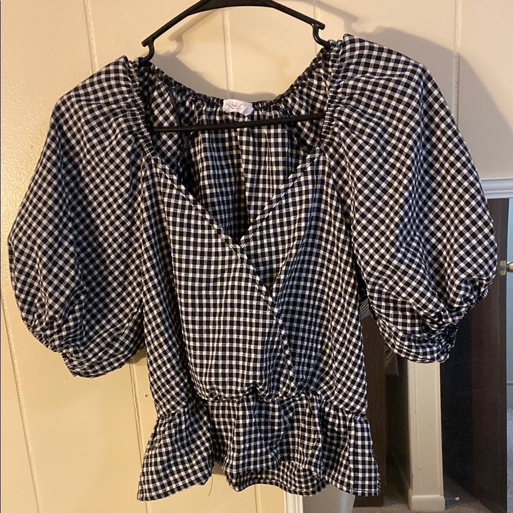 Gingham Black and White Puff Sleeve Wrap Blouse